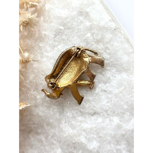 Elephant Figural Gold Toned Clear Rhinestoned Vintage Costume Jewelry Brooch - Picture 4 of 9